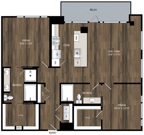 Floor plan for 2 beds, 2 baths, 1331 sqft